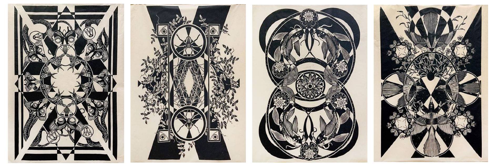 Four linoleum block prints by El Ronan, titled "Creation," "Devotion," "Reflection," and "Return."